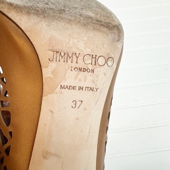Jimmy Choo Romy 100 Brown Laser Cut Leather Pumps Heels Perforated Canyon 37 - Picture 10 of 14